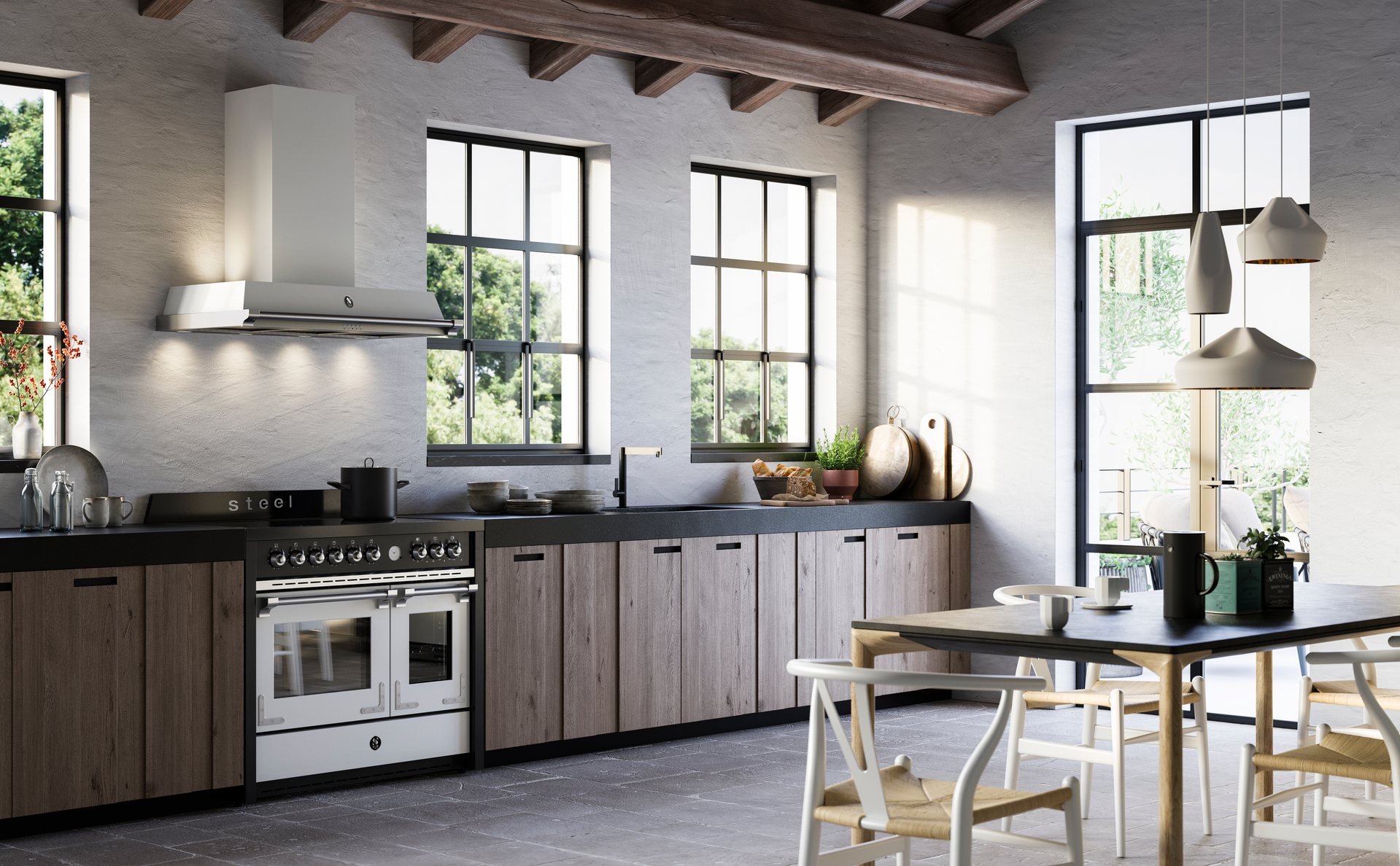 Cucina moderna mocha mousse e in acciaio inox con ampie finestre